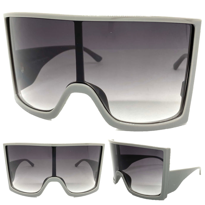 Oversized Wrap Around Futuristic Modern Shield Style SUNGLASSES Huge Gray Frame 80673