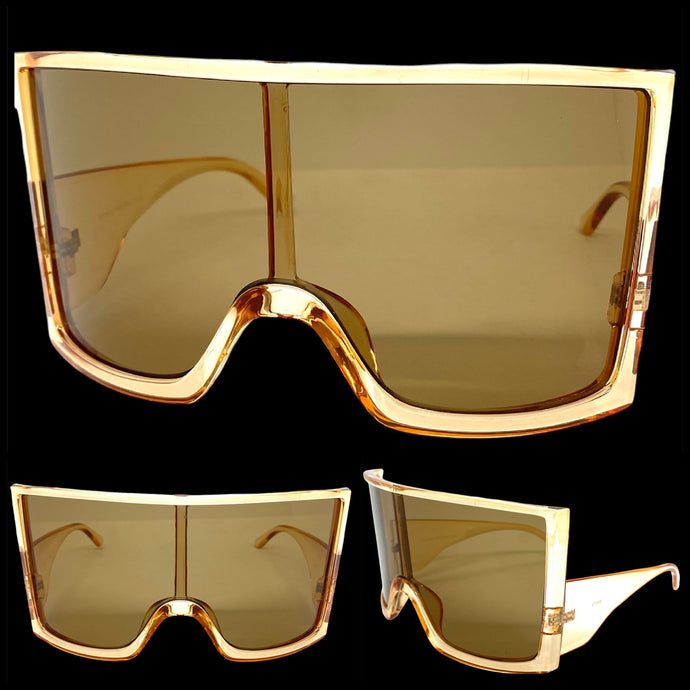 Oversized Wrap Around Futuristic Modern Shield Style SUNGLASSES Huge Champagne Frame 80673