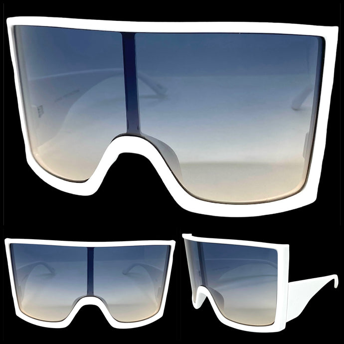 Oversized Wrap Around Futuristic Modern Shield Style SUNGLASSES Huge White Frame 80673