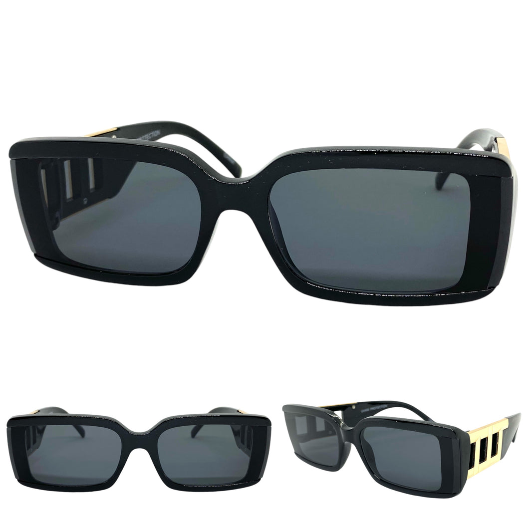 Classy Elegant Modern Retro Style SUNGLASSES Rectangular Thick Black Frame 80794