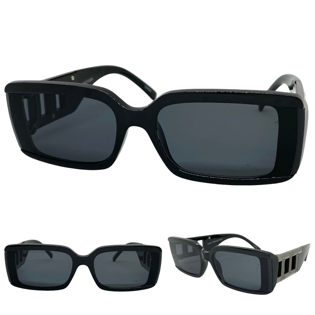 Classy Elegant Modern Retro Style SUNGLASSES Rectangular Thick Black Frame 80794