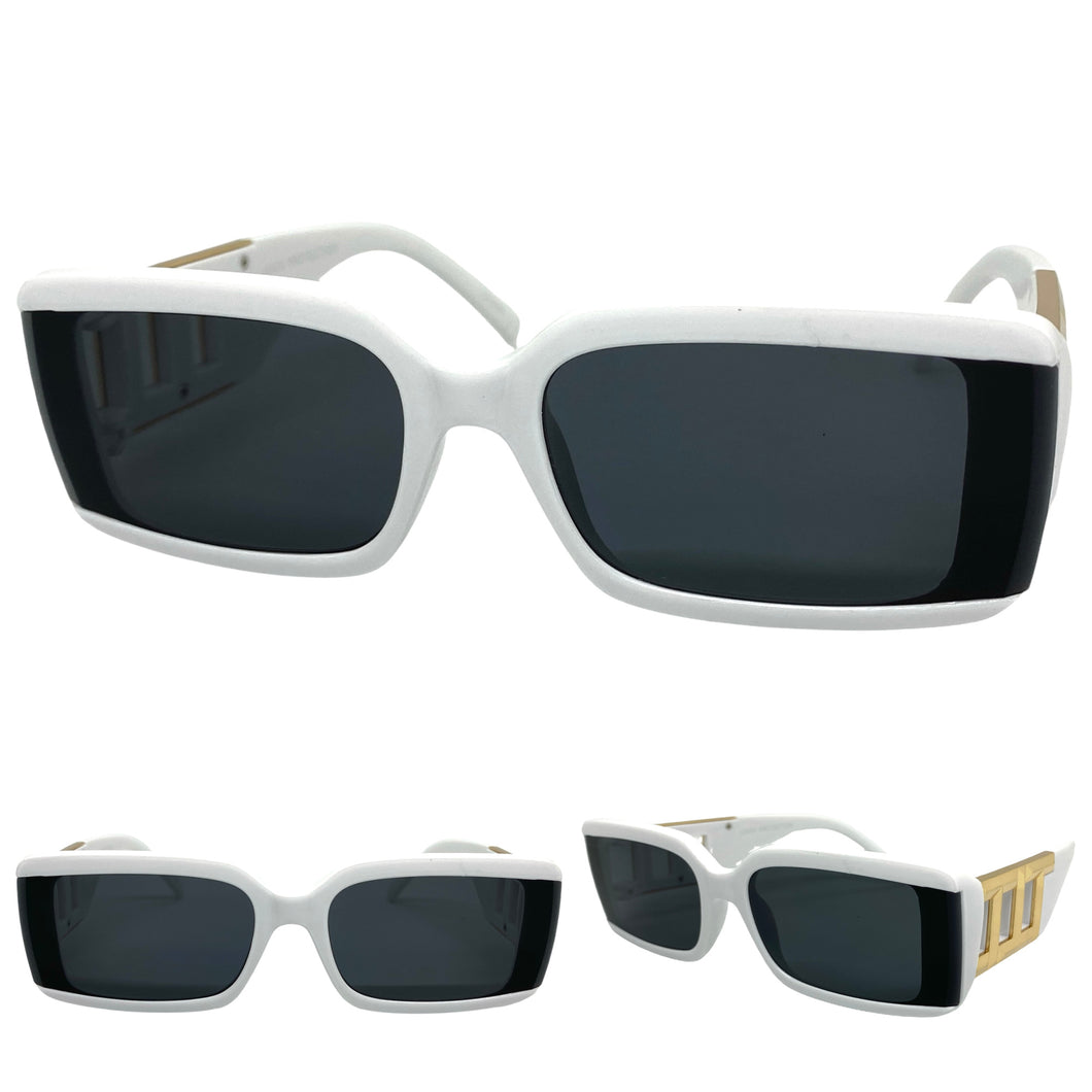 Classy Elegant Modern Retro Style SUNGLASSES Rectangular Thick White Frame 80794