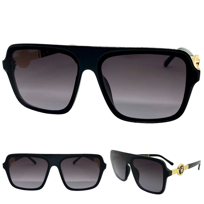 Classy Elegant Luxury Designer Style SUNGLASSES Black Frame with Gold Medallion 4065