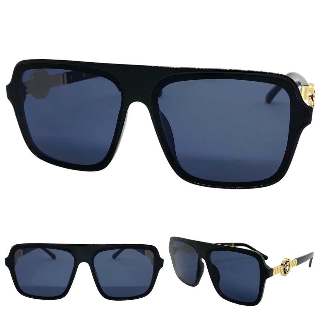 Classy Elegant Luxury Designer Style SUNGLASSES Black Frame with Gold Medallion 4065