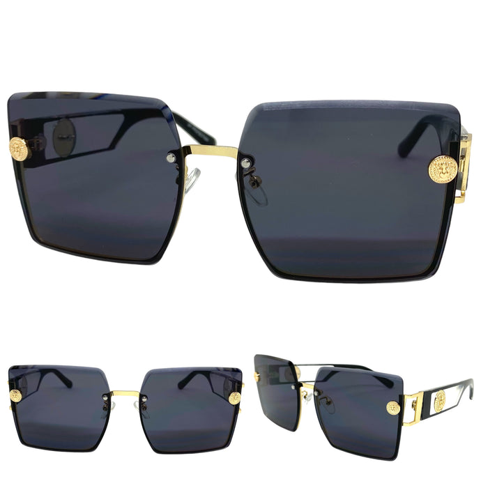 Oversized Luxury Vintage Retro Style SUNGLASSES Large Gold Frame Dark Lens 7738