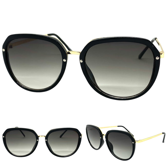 Classic Vintage Retro Style SUNGLASSES Round Black & Gold Frame 6025