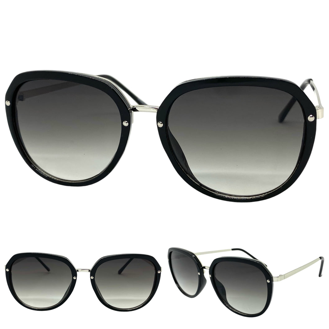 Classic Vintage Retro Style SUNGLASSES Round Black & Silver Frame 6025