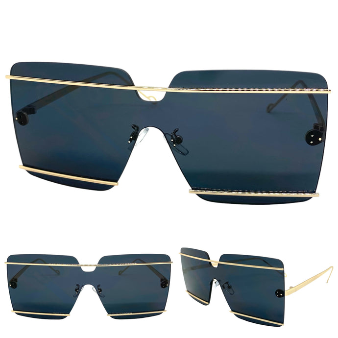 Oversized Modern Contemporary Shield Style SUNGLASSES Large Gold Frame 5293