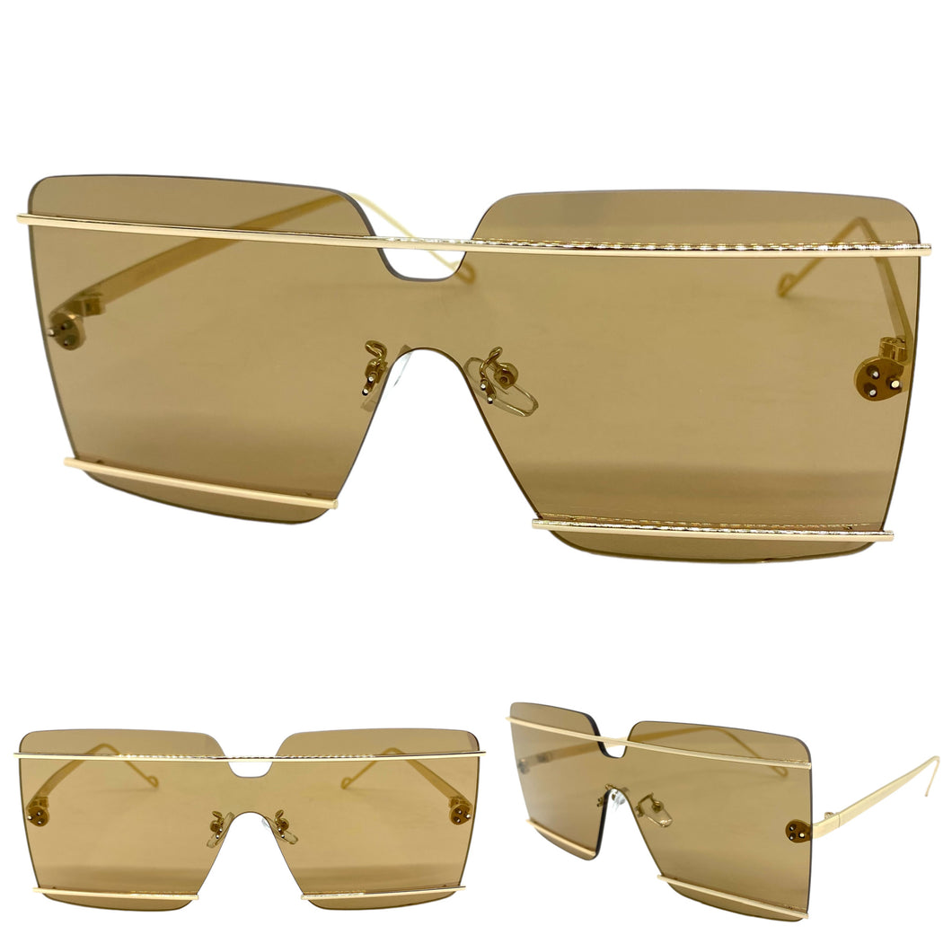 Oversized Modern Contemporary Shield Style SUNGLASSES Large Gold Frame 5293