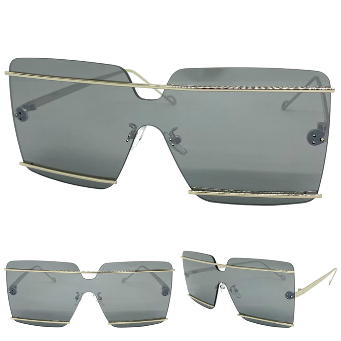 Oversized Modern Contemporary Shield Style SUNGLASSES Large Silver Frame 5293