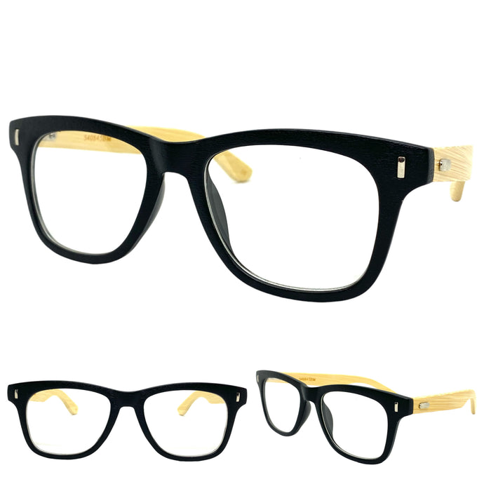 Classic Vintage Retro Style Clear Lens EYEGLASSES Black & Wooden Frame 540845