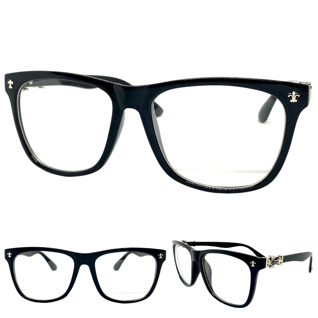 Classic Vintage Retro Style Clear Lens EYEGLASSES Black Frame Silver Cross 1368