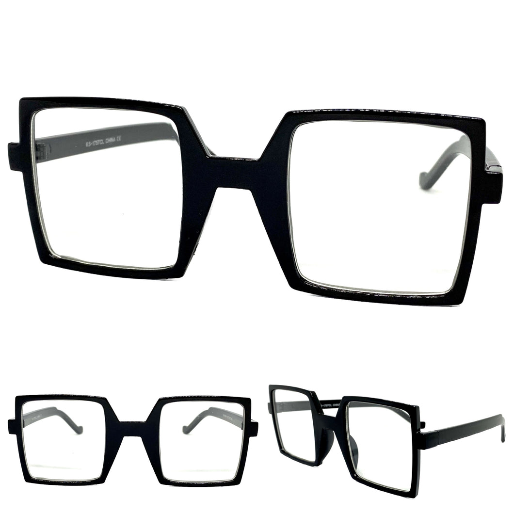 Classic Bold Modern Retro Style Clear Lens EYEGLASSES Square Black Frame 1757