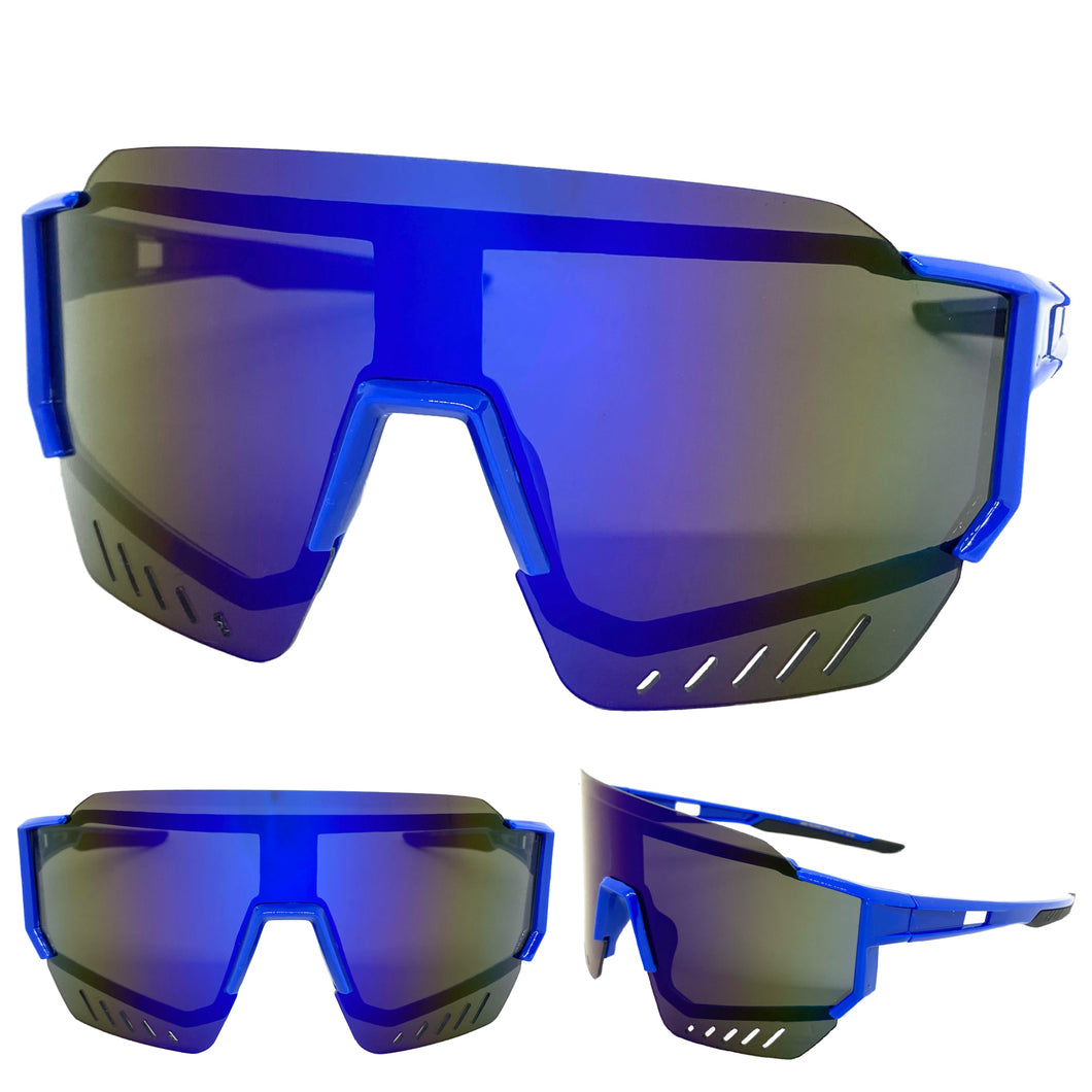 Oversized Retro Sporty Wrap Around Style SUNGLASSES Large Blue Frame B0277