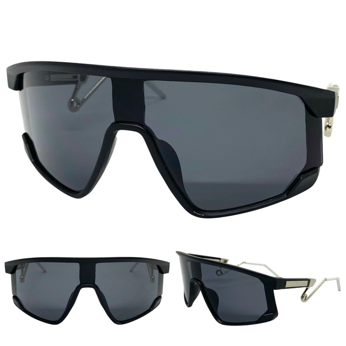 Oversized Retro Sporty Wrap Around Style SUNGLASSES Large Black Frame B0273