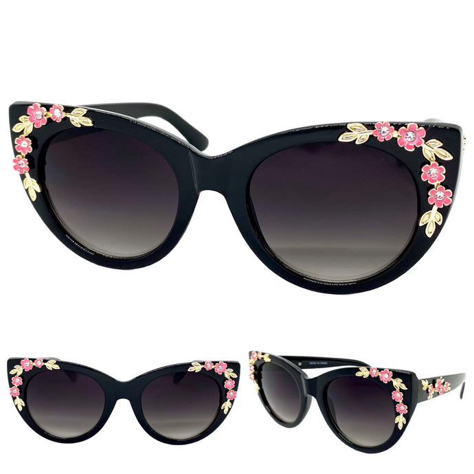 Oversized Vintage Retro Cat Eye Style SUNGLASSES Black Floral Frame 17001