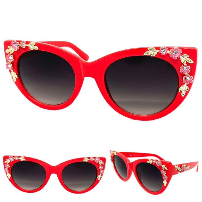 Oversized Vintage Retro Cat Eye Style SUNGLASSES Red Floral Frame 17001