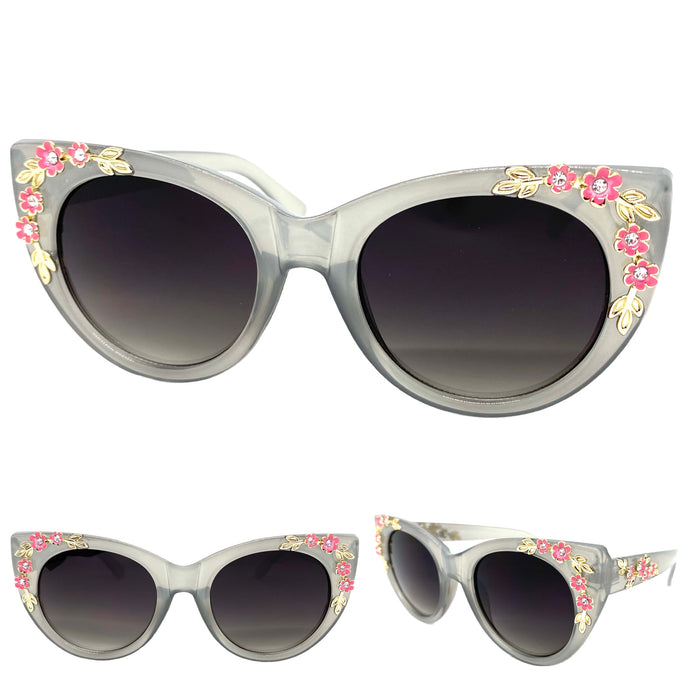 Oversized Vintage Retro Cat Eye Style SUNGLASSES Gray Floral Frame 17001