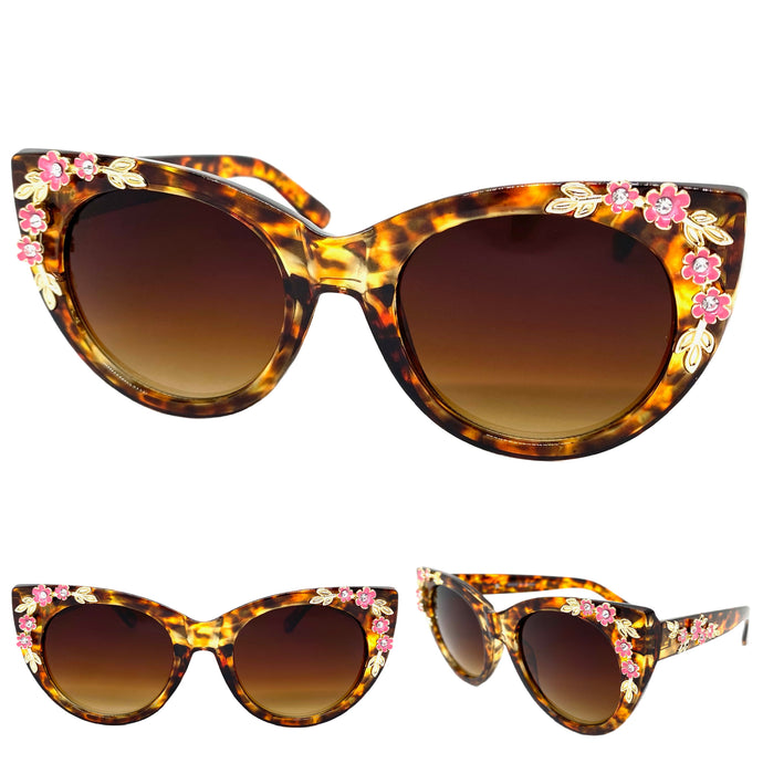Oversized Vintage Retro Cat Eye Style SUNGLASSES Tortoise Floral Frame 17001