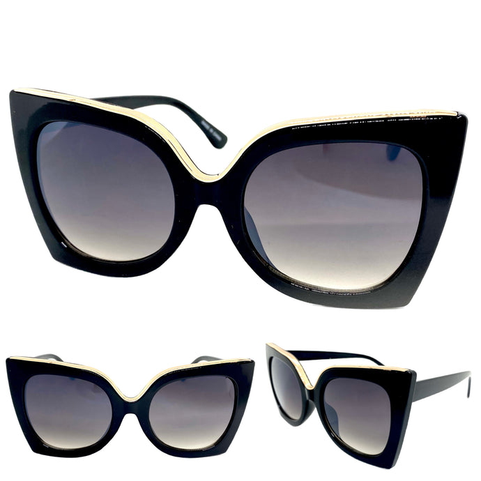 Oversized Exaggerated Vintage Retro Cat Eye Style SUNGLASSES Large Black Frame E1271