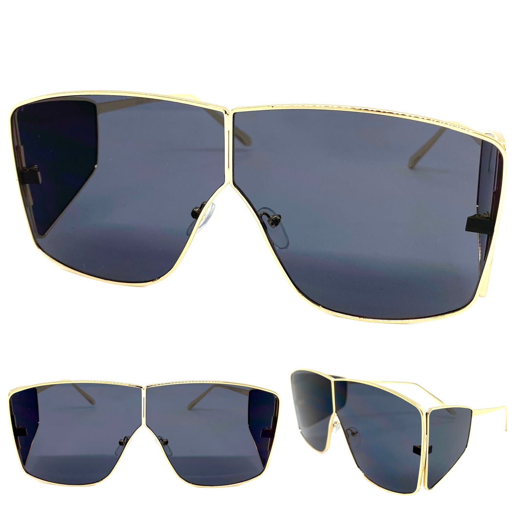 Contemporary Modern Shield Style SUNGLASSES Large Gold Frame 8420