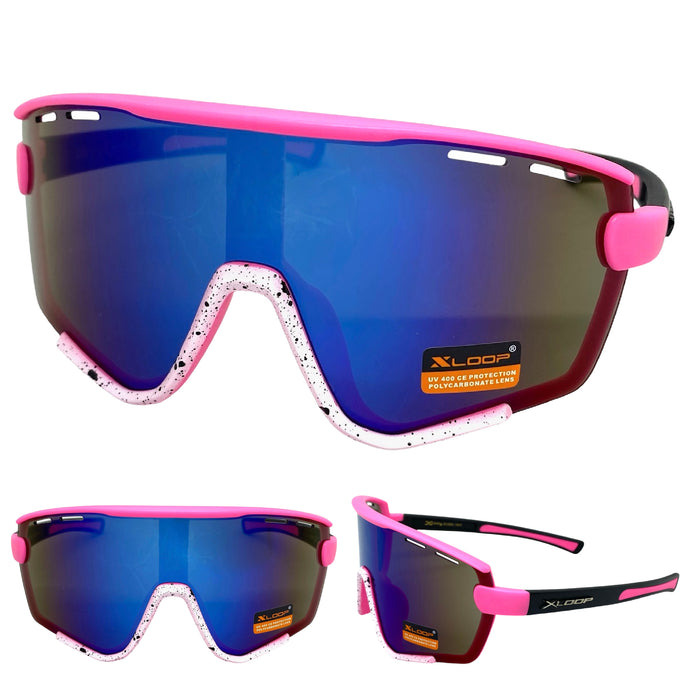 Oversized Retro Sporty Wrap Around Style SUNGLASSES Large Pink & White Frame 3694