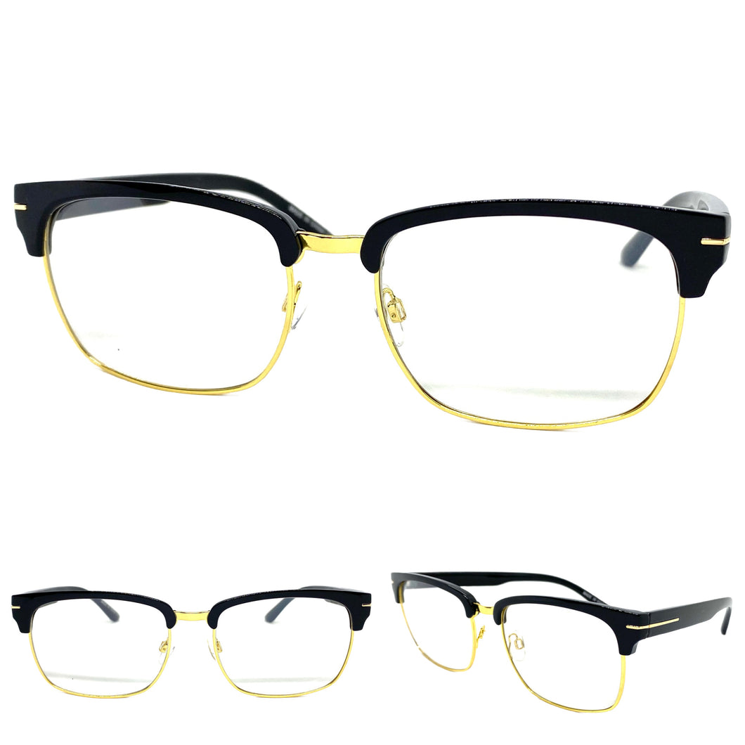 Classic Vintage Retro Style Clear Lens EYEGLASSES Square Black & Gold Frame E2075