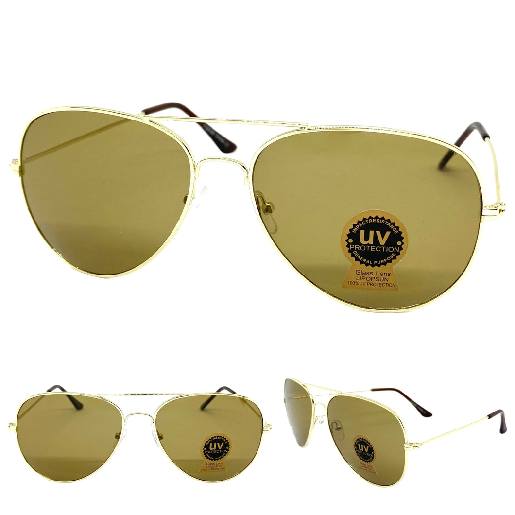 Classic Vintage Retro Aviator Style SUNGLASSES Gold Frame Glass Lens 1106