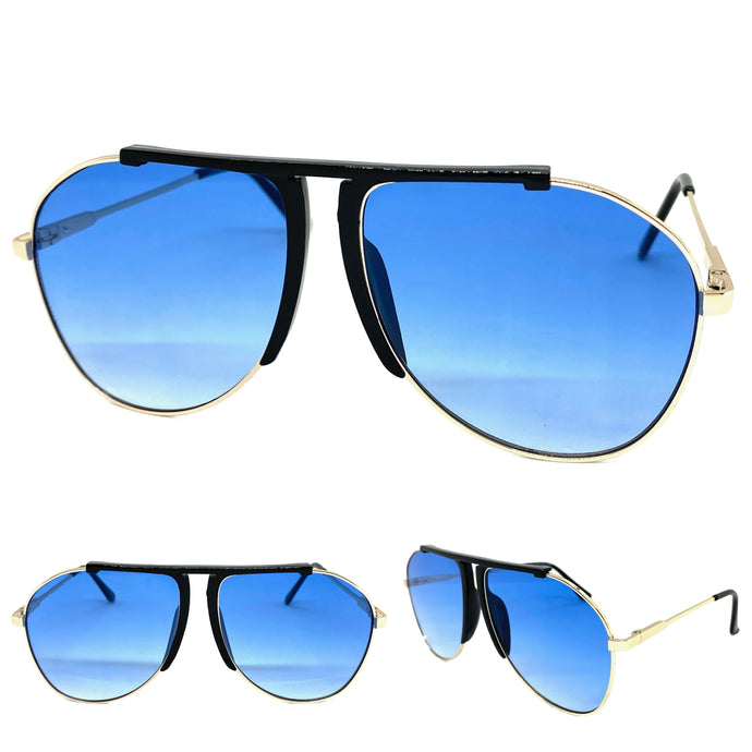 Classic Vintage Retro Aviator Style SUNGLASSES Gold Frame Blue Lens 4839