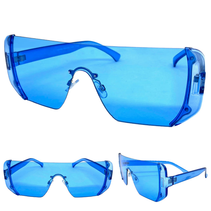 Oversized Exaggerated Modern Retro Shield Style SUNGLASSES Large Flat Blue Lens 7299
