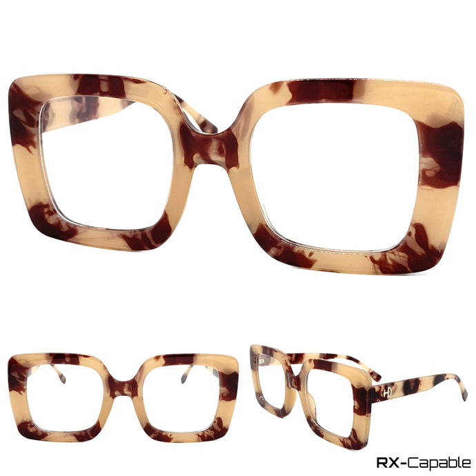 Oversized Vintage Retro Cat Eye Clear Lens EYEGLASSES Square Marble Frame - RX-Capable 2128