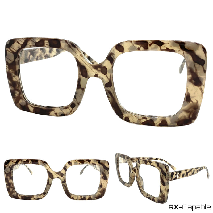 Oversized Vintage Retro Cat Eye Clear Lens EYEGLASSES Square Marble Frame - RX-Capable 2128