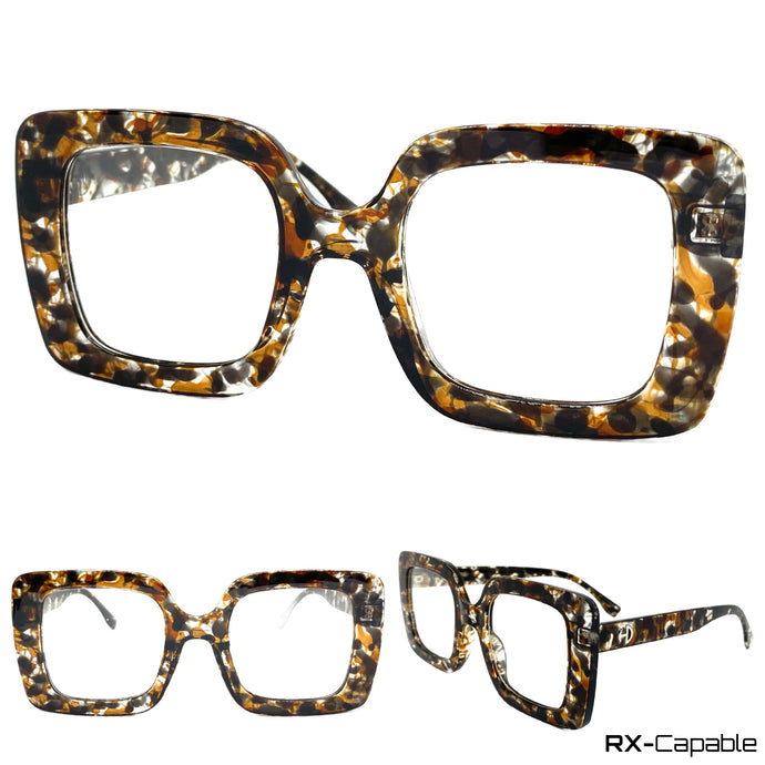 Oversized Vintage Retro Cat Eye Clear Lens EYEGLASSES Square Marble Frame - RX-Capable 2128