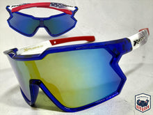 Oversized Sporty Wrap Around Style SUNGLASSES Large Blue Patriotic USA Flag Frame 3737