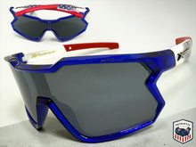 Oversized Sporty Wrap Around Style SUNGLASSES Large Blue Patriotic USA Flag Frame 3737