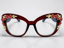 Oversized Vintage Retro Cat Eye Style Clear Lens EYEGLASSES Large Burgundy Frame - Flowers & Gold Leaf Accents 6806 (Copy)