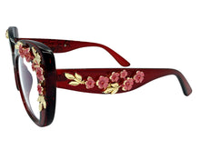 Oversized Vintage Retro Cat Eye Style Clear Lens EYEGLASSES Large Burgundy Frame - Flowers & Gold Leaf Accents 6806 (Copy)