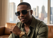 Classy Elegant Luxury Hip Hop Rapper Style SUNGLASSES Gold & Faux Wooden Frame - Dark Lens 27804