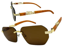 Classy Elegant Luxury Hip Hop Rapper Style SUNGLASSES Gold & Faux Wooden Frame - Brown Lens 27804