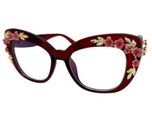 Oversized Vintage Retro Cat Eye Style Clear Lens EYEGLASSES Large Burgundy Frame - Flowers & Gold Leaf Accents 6806 (Copy)