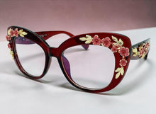 Oversized Vintage Retro Cat Eye Style Clear Lens EYEGLASSES Large Burgundy Frame - Flowers & Gold Leaf Accents 6806 (Copy)