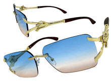 Classy Elegant Luxury Hip Hop Rapper Style SUNGLASSES Rimless Gold & Faux Wooden Frame - Blue & Beige Lens 27806