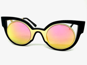Classic Vintage Retro Cat Eye Style SUNGLASSES Funky Black Frame - Pink Lens 1737