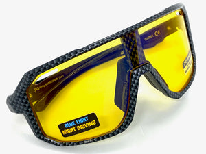 Sporty Shield Blue Light Night Driving HD Lens SUNGLASSES Large Carbon Fiber Frame 3509