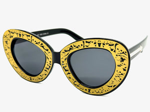 Exaggerated Classic Vintage Retro Cat Eye Style SUNGLASSES Funky Black & Gold Frame 1650