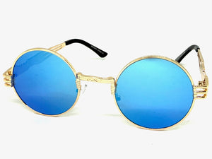 Classic Vintage Retro Style SUNGLASSES Round Gold Frame - Blue Lens 2341