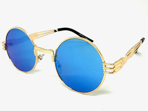 Classic Vintage Retro Style SUNGLASSES Round Gold Frame - Blue Lens 2341