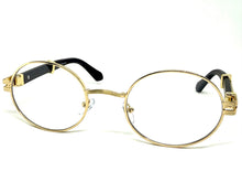 Classic Retro Luxury Designer Hip Hop Style Clear Lens EYEGLASSES Oval Gold Frame - Faux Wooden Arms 27723