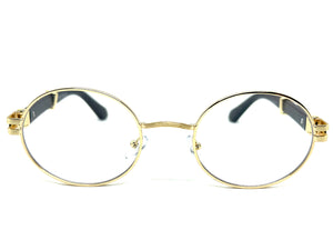 Classic Retro Luxury Designer Hip Hop Style Clear Lens EYEGLASSES Oval Gold Frame - Faux Wooden Arms 27723