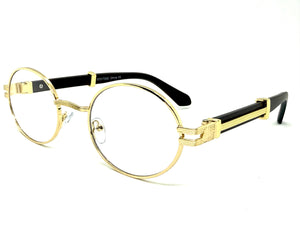 Classic Retro Luxury Designer Hip Hop Style Clear Lens EYEGLASSES Oval Gold Frame - Faux Wooden Arms 27723
